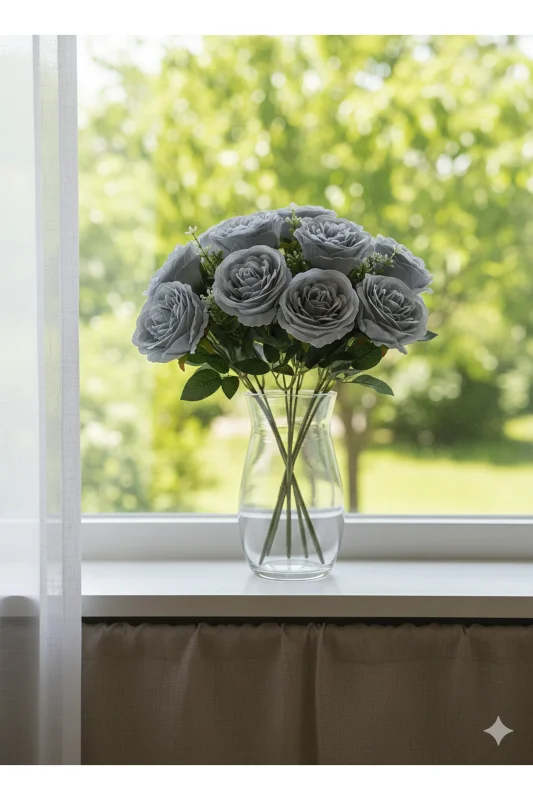 yapay çiçek evi 35 cm 10 kafalı İngiliz şakayık gülü soğukmavi renk ev vazo dekor – 2. görsel