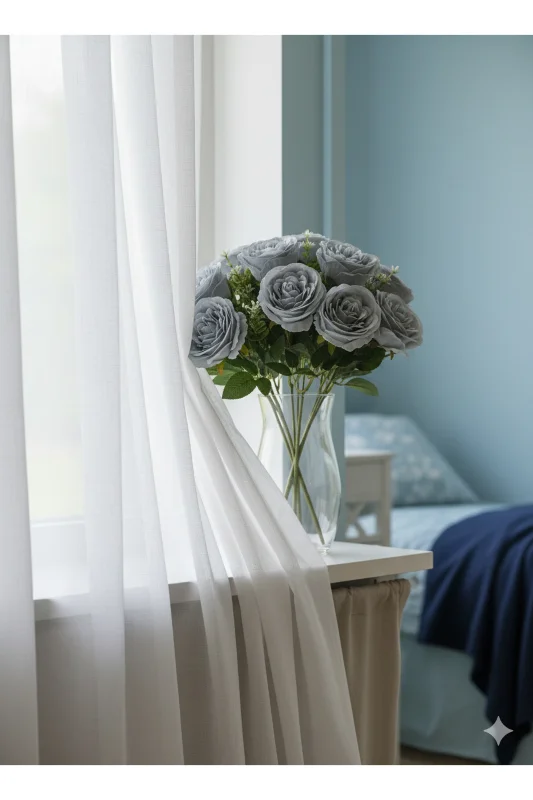yapay çiçek evi 35 cm 10 kafalı İngiliz şakayık gülü soğukmavi renk ev vazo dekor – 4. görsel
