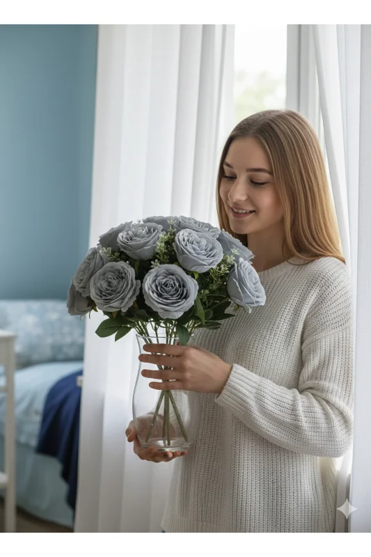 yapay çiçek evi 35 cm 10 kafalı İngiliz şakayık gülü soğukmavi renk ev vazo dekor