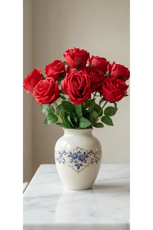 yapay çiçek evi 1 adet 9 dallı 45 cm kırmızı lodos gülü ev vazo dekor süsü