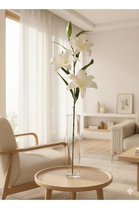 yapay çiçek evi 1 adet 3 kafalı 90 cm beyaz lilyum ev vazo dekor süsü