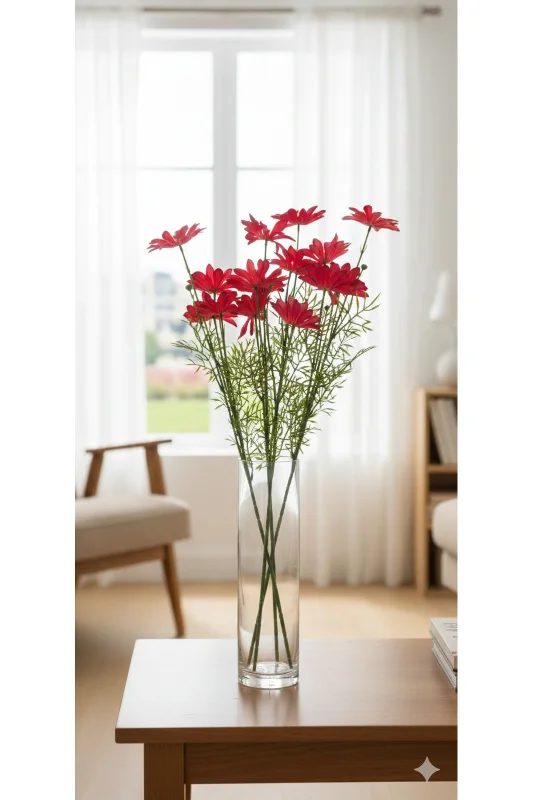 yapay çiçek evi 1 adet 75 cm 4 kafalı kırmızı gelincik çiçeği ev vazo dekor SEVGİLİLER GÜNÜ – 3. görsel