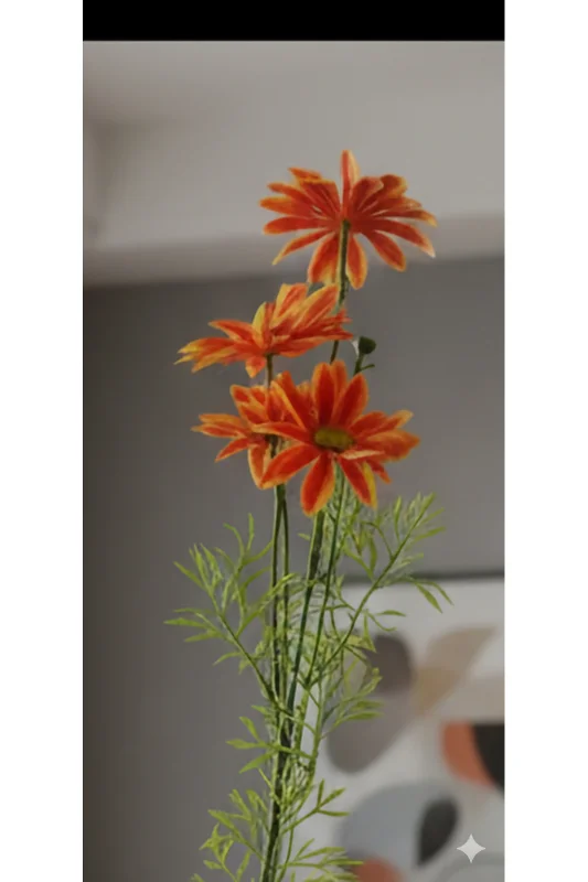 yapay çiçek evi 1 dal turuncu kırmızı gelincik 75 cm 4 kafa ev vazo süsü