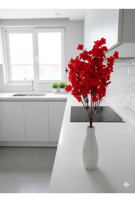 yapay çiçek evi 1 adet 5 dallı kırmızı badem çiçeği ev vazo dekor aranjman – 2. görsel