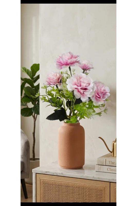 yapay çiçek evi 1 adet 5 dallı aranjmanlı ebruli pembe karanfil 30 cm ev vazo dekor süsü – 4. görsel