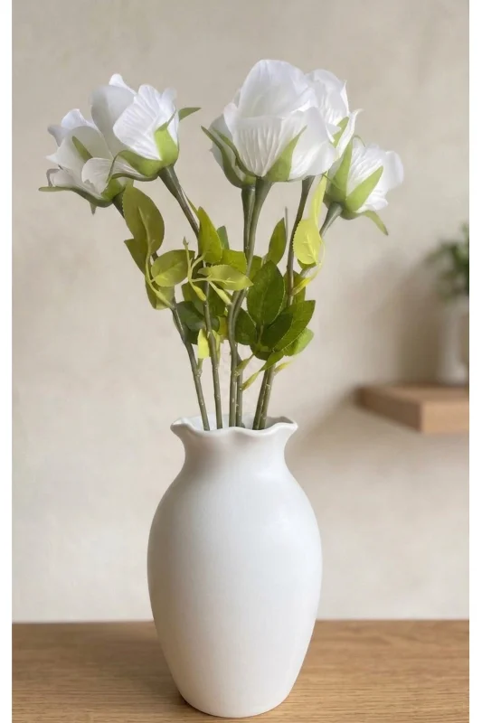 YASİMA 6'Lı Tek Dal Beyaz Islak Dokulu Gül Buketi 40 cm