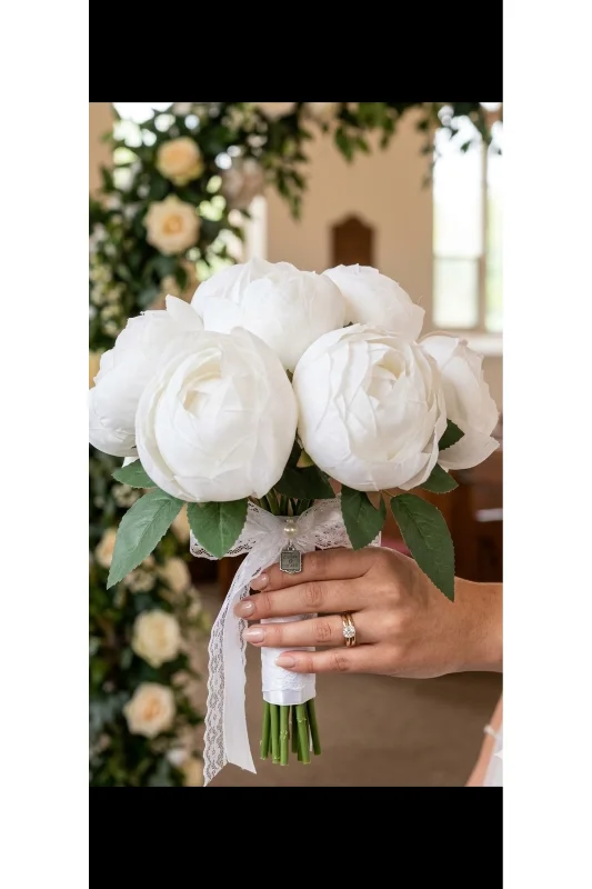 yapay çiçek evi 30 cm 7 dallı 8 cm capında koca kafalı beyaz şakayık gülleri gelin eli buketi vazo