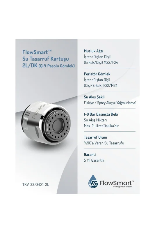 FLOWSMART Yağmurlama/Sprey Su Tasarruf Kartuşu | 2L/DK Çift Pasolu Gömlek ØF22/M24 – 2. görsel