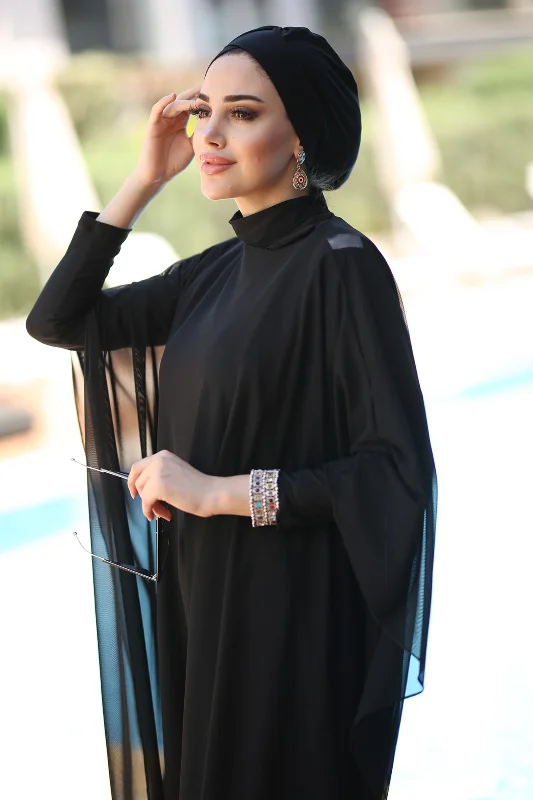 Tesettür Mayo Üzerine Desenli Tek Kaftan Pareo Rp001 Siyah – 3. görsel