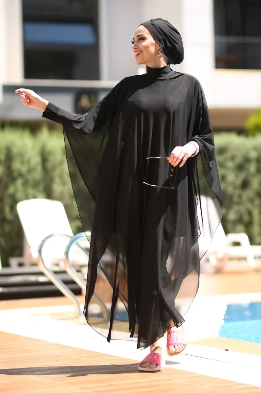 Tesettür Mayo Üzerine Desenli Tek Kaftan Pareo Rp001 Siyah – 4. görsel