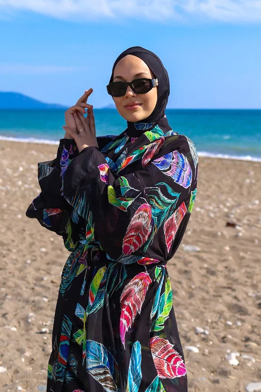 Remsa Tesettür Mayo Üzerine Tek Kaftan Kimono Pareo RP004C Yeşil Tavus Kuşu – 2. görsel