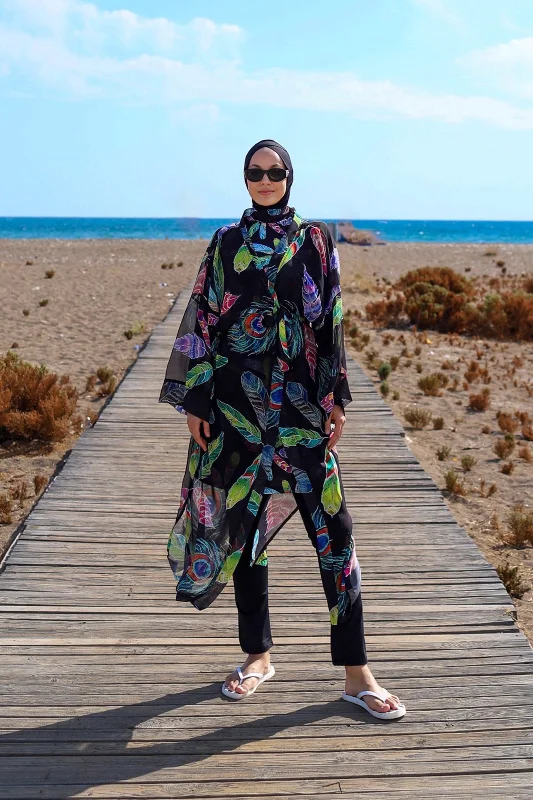 Remsa Tesettür Mayo Üzerine Tek Kaftan Kimono Pareo RP004C Yeşil Tavus Kuşu