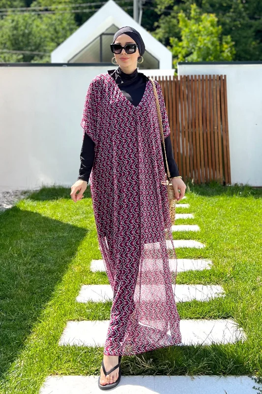 Remsa Tesettür Mayo Üzerine Desenli Tek Kaftan Pareo 430-306 Fuşya – 3. görsel