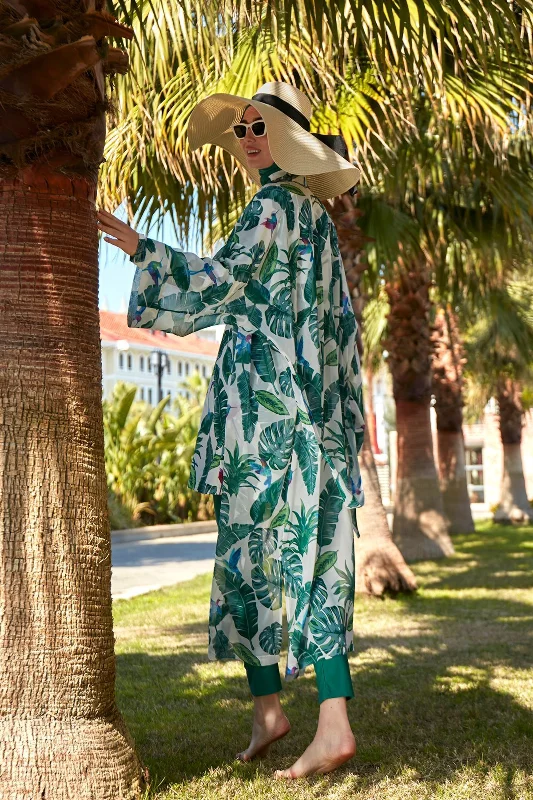 Remsa Tesettür Mayo Üzerine Tek Kaftan Kimono Pareo RP017 Yeşil Yapraklar – 4. görsel