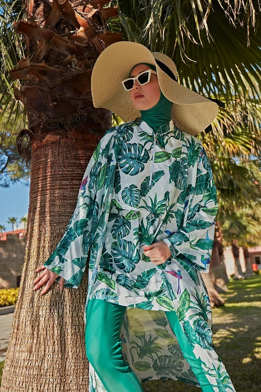 Remsa Tesettür Mayo Üzerine Tek Kaftan Kimono Pareo RP017 Yeşil Yapraklar