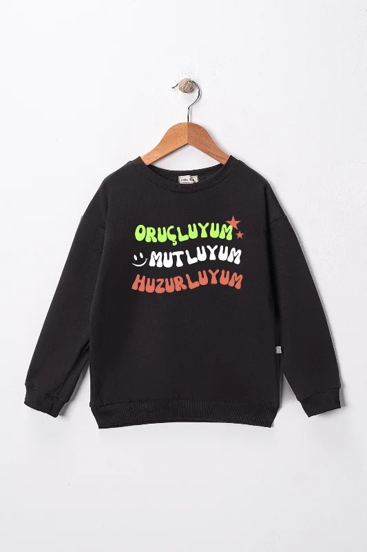 Çocuk  "Oruçluyum, Mutluyum"  Baskılı Pamuklu Sweat