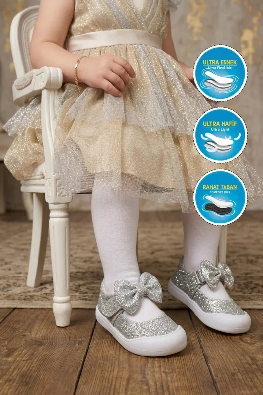 Gümüş Cırtlı Fiyonk Detaylı Kız Bebek Günlük Ayakkabı – 3. görsel