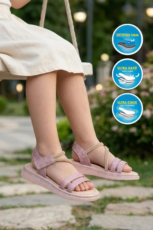 Pudra Simli Kız Çocuk Düz Sandalet – 3. görsel