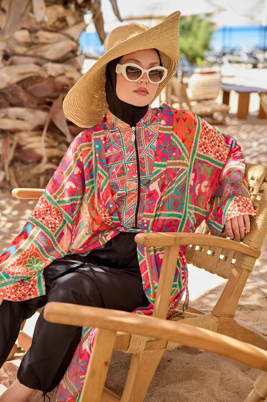 Remsa Tesettür Mayo Üzerine Tek Kaftan Kimono Pareo Pembe RP031 Arzu