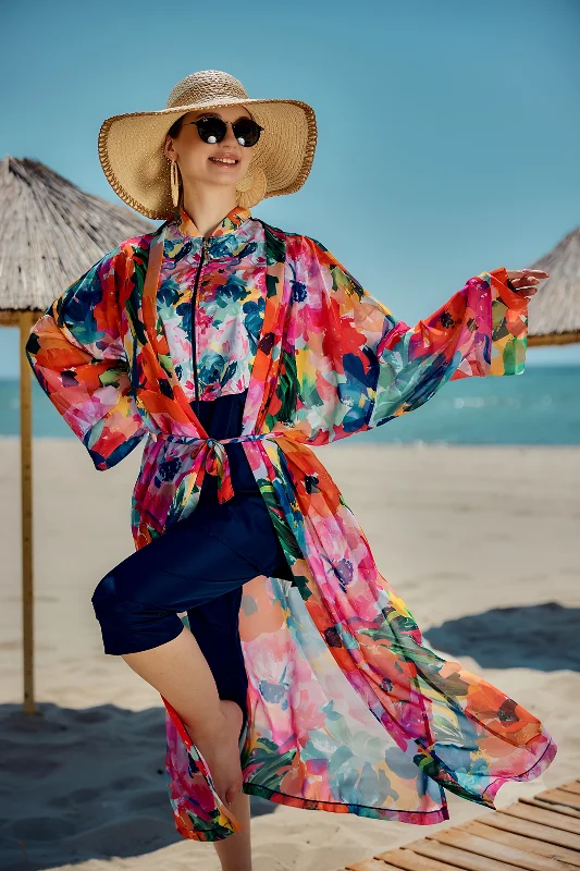 Remsa Tesettür Mayo Üzerine Tek Kaftan Kimono Pareo Lacivert02 RP030 Flowers – 2. görsel