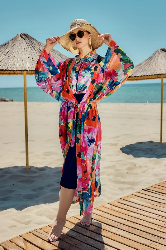 Remsa Tesettür Mayo Üzerine Tek Kaftan Kimono Pareo Lacivert02 RP030 Flowers – 3. görsel