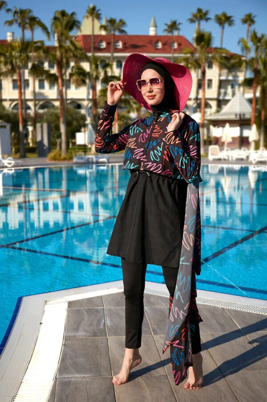 Remsa Paraşüt Önü Kapaklı Tam Kapalı Tesettür Mayo R046 Siyah Color Neon – 4. görsel