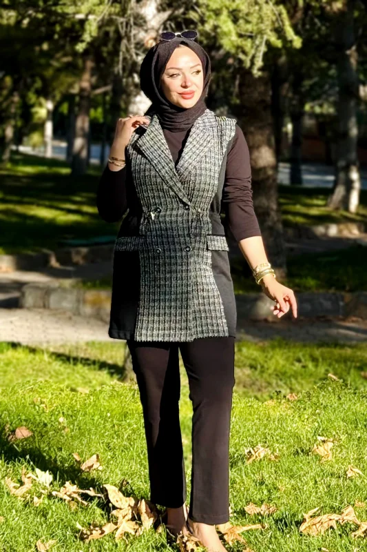 Kare Desen Kruvaze Yelekli 3'lü Takım 25149 Siyah – 4. görsel