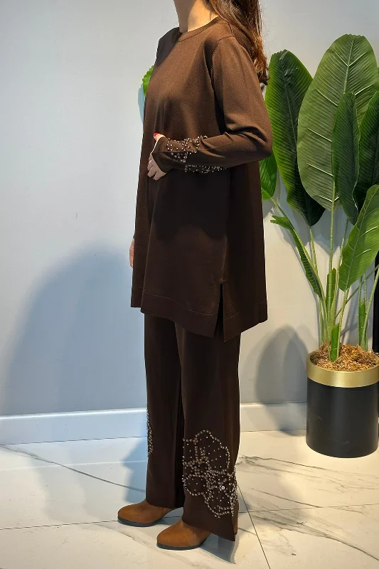 Kolları ve Paçası Taş İşleme Detay Sıfır Yaka Triko Takım 17019 Kahverengi – 2. görsel