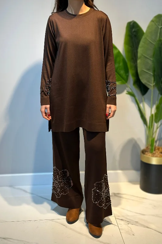 Kolları ve Paçası Taş İşleme Detay Sıfır Yaka Triko Takım 17019 Kahverengi – 4. görsel