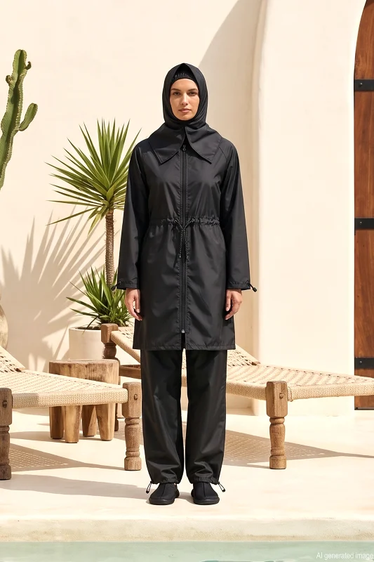 Beli İp Detaylı Paraşüt Tam Kapalı Tesettür Mayo 02 Siyah – 4. görsel