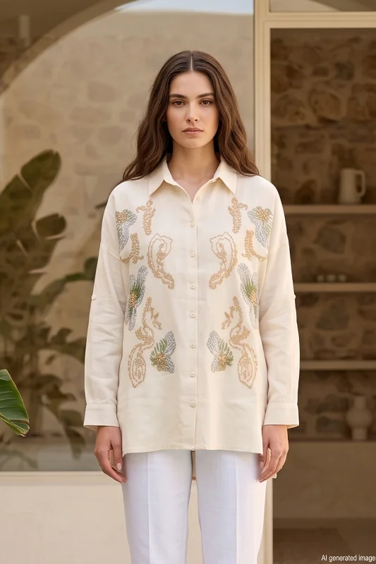 Önü Nakış İşlemeli Pul Detaylı Gömlek 17032 Bej – 3. görsel