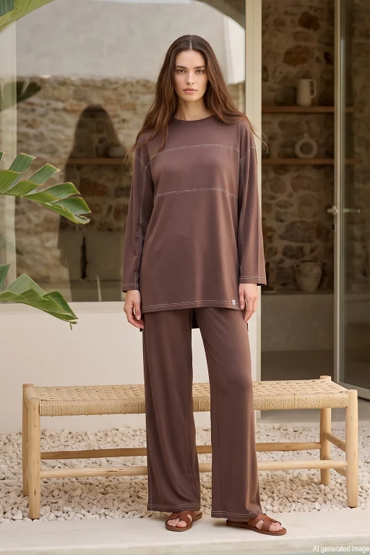 Dikiş ve Etiket Detaylı Pantolonlu Takım 26228 Kahverengi – 2. görsel