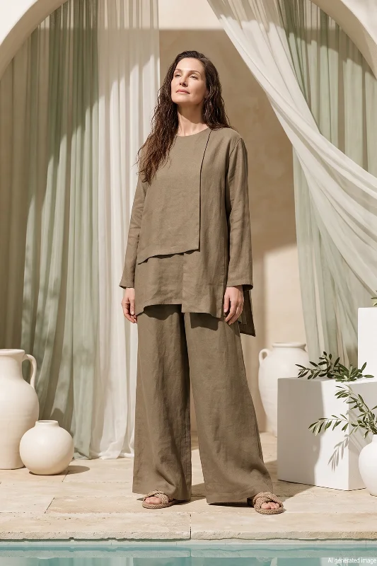 Bluz Önü Parçalı Bol Paça Pantolonlu Nil Takım 965 Haki – 3. görsel