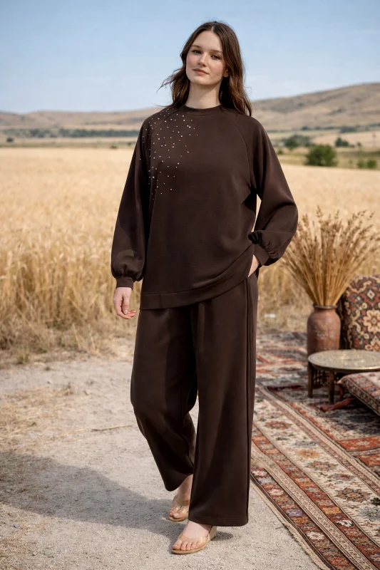 Taş Zımba Detay Tunik Pantolon Takım 1076 Kahverengi – 2. görsel