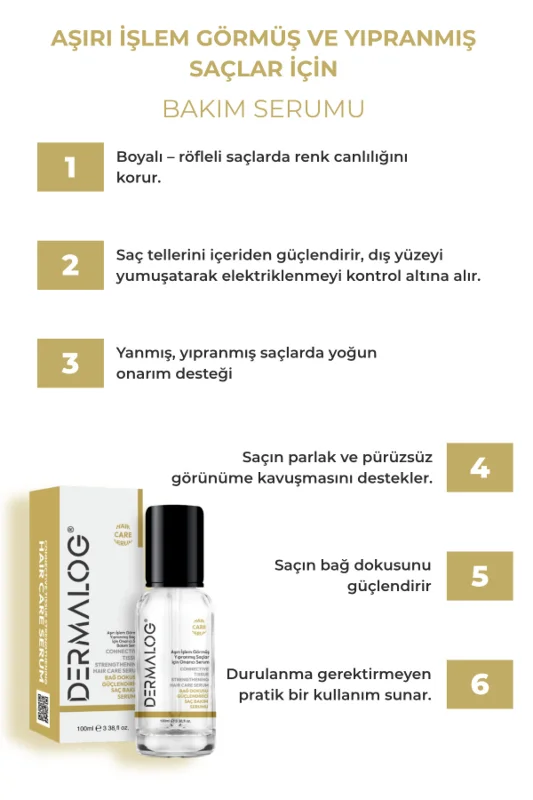 DERMALOG Yanmış Yıpranmış Saçlar Için Pürüzsüzleştirici & Onarıcı Bağ Dokusu Güçlendirici Keratin Serumu 100 ML – 3. görsel