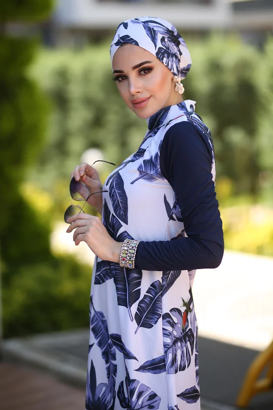 Tasarım Tam Kapalı Tesettür Mayo Mavi Yapraklar Lacivert – 3. görsel