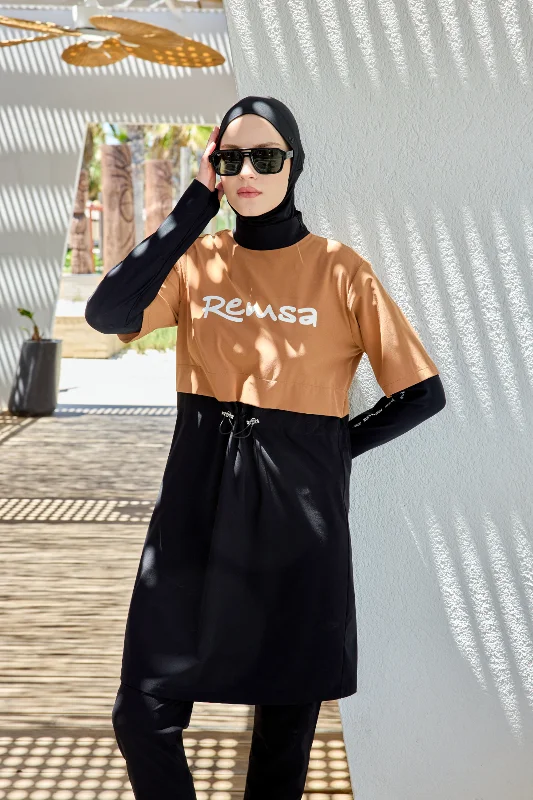 Spor Likra Logo Detay Tam Kapalı Tesettür Mayo R140 Camel – 4. görsel
