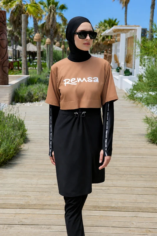 Spor Likra Logo Detay Tam Kapalı Tesettür Mayo R140 Camel – 2. görsel