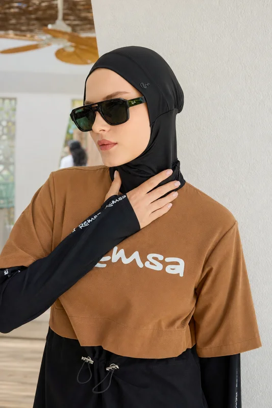 Spor Likra Logo Detay Tam Kapalı Tesettür Mayo R140 Camel – 3. görsel