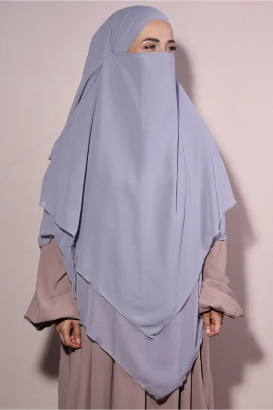 Hazır Peçeli Üç Katlı Sufle Khimar Gri - Gri – 3. görsel