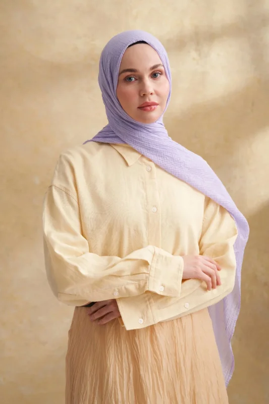 Müslin Yaprak Desen Şal 3351-207 Açık Leylak – 3. görsel