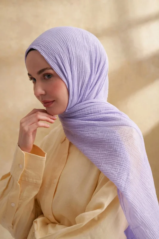 Müslin Yaprak Desen Şal 3351-207 Açık Leylak – 2. görsel
