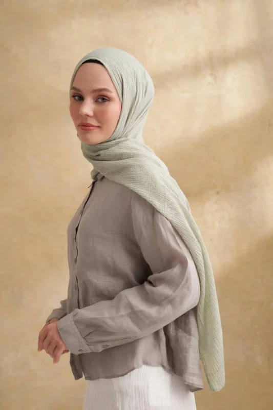 Müslin Yaprak Desen Şal 3351-205 Keten Yeşili – 2. görsel