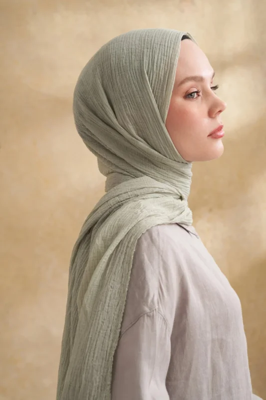 Müslin Yaprak Desen Şal 3351-205 Keten Yeşili – 3. görsel