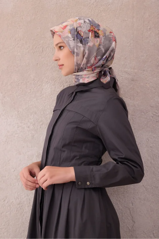 Fresh Çiçek Desen Gri Vizon Mercan Paulista Eşarp 12 - 07 – 2. görsel