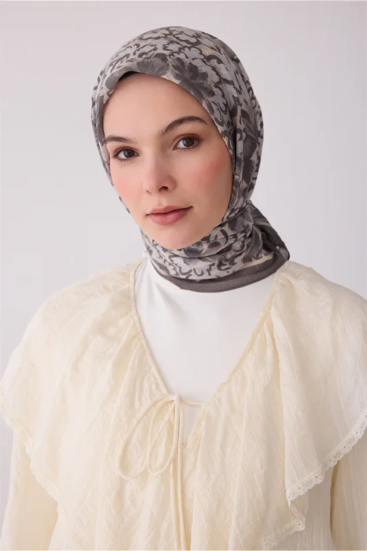 Fresh Çiçek Desen Gri Kahve Rozy Eşarp 3335 - 05 – 2. görsel
