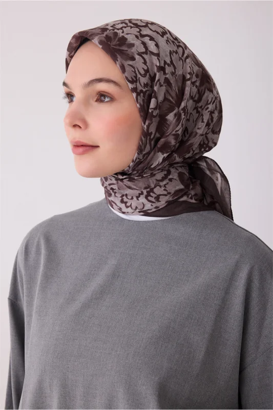 Fresh Çiçek Desen Kahve Gri Rozy Eşarp 3335 - 29 – 2. görsel