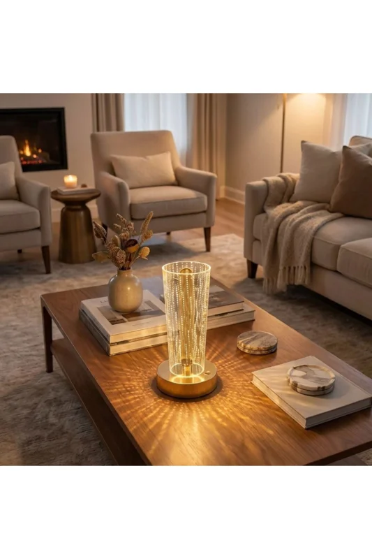 ® Silindirik Kristal Nokta Model LED Masa Lambası – Gold Tabanlı, Dokunmatik, – 2. görsel