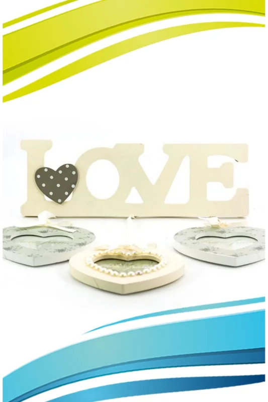 ® Decotown Love Yazılı Çerçeve 3lü Kalpli Ahşap Fotoğraf Çerçevesi – 2. görsel