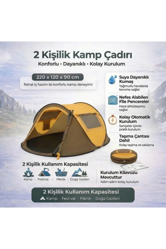® 2 Kişilik Vagon Tipi Yarı Otomatik Kamp Çadırı – Çift Kapılı, Çift Pe – 3. görsel